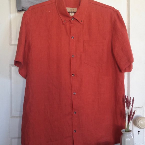Handmade Bright Red-Orange High Quality Linen Short Sleeved Button-up, Medium - Picture 2 of 8
